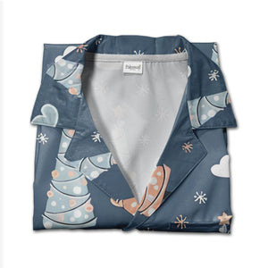 Slate Blue Holiday Hawaiian Shirt with Ornament Christmas Trees