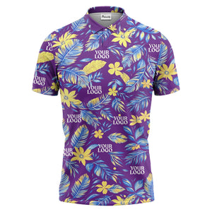tropical floral hawaiian paradise flowers leaves plants black yellow blue green illustrated polo shi polo shirt