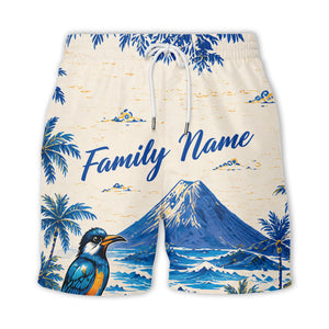 watercolor blue bird soaring over palm trees mountain scene hawaiian shirt