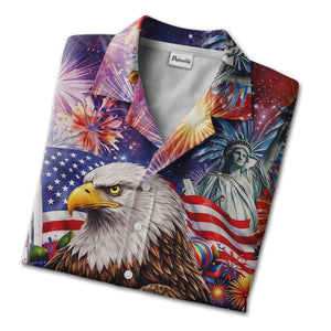 4th of July Celebration Hawaiian Shirt - Eagle Fireworks Liberty Bell & Floral Banner