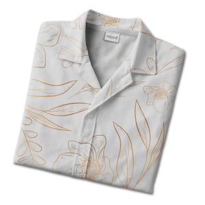 Botanical Line Art Hawaiian Shirt with Golden Bronze Flowers and Leaves