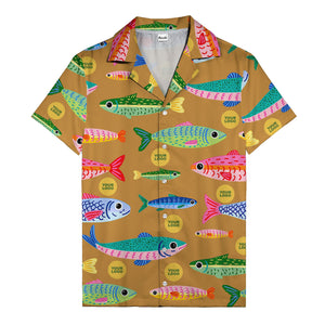 colorful cartoon fish & gold circle logo hawaiian shirt for men