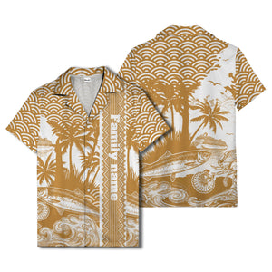 cruise ship & palm trees fish waves aloha hawaiian shirt