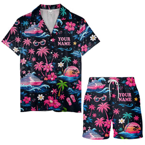 cruise ship sunset palm trees & hibiscus hawaiian shirt