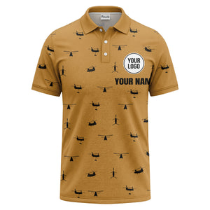 helicopter silhouette repeat pattern custom logo men's aviation polo shirt