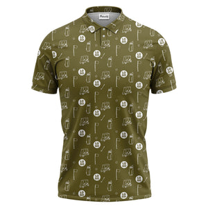 illustrated golf carts & clubs repeating on dark gray hawaiian polo shirt for men