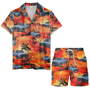 illustrated pickup trucks cruising palms tropical hawaiian shirt for men