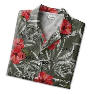 Marine Corps Olive Tropical Hawaiian Shirt - USMC Fighters Hibiscus Aloha Tee
