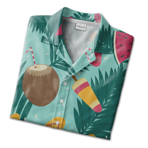 Mint Green Watercolor Coconut Face Hawaiian Shirt with Plumeria Flowers