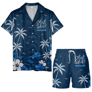 oh ship palm trees hibiscus navy blue watercolor hawaiian shirt for men