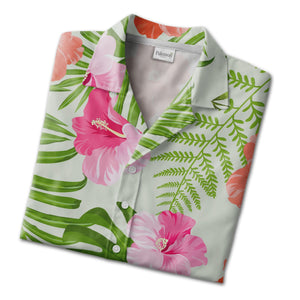 Pale Mint Green Hibiscus Monstera Hawaiian Shirt with Fern and Palm Fronds