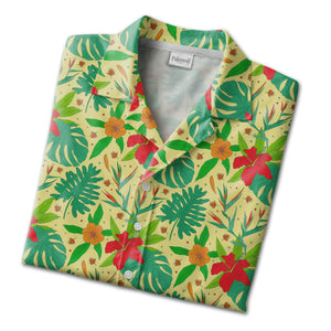 Pale Yellow Monstera Bird of Paradise Hawaiian Shirt with Philodendron Pattern