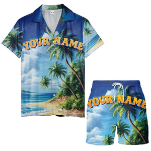 palm trees over ocean waves photorealistic hawaiian shirt