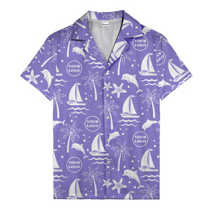 sailboats dolphins palm trees starfish repeat pattern black white hawaiian shirt