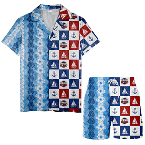 sailing boats & anchors checkered navy blue hawaiian shirt for men