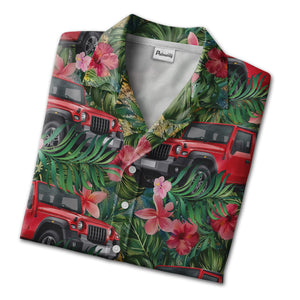 Vintage Tropical Jeeps Hibiscus Leaves Green Aloha Button Down Shirt Hawaiian Shirt