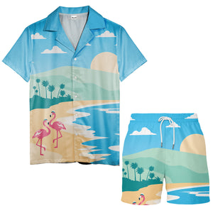 watercolor flamingos at palm sunset hawaiian shirt for beach days