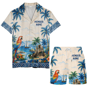 watercolor parrot sailboat castle ruins hawaiian shirt