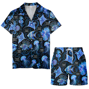 watercolor seahorses jellyfish navy blue hawaiian shirt