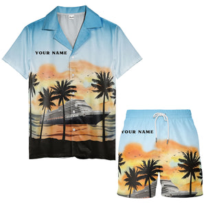 watercolor sunset cruise ship palm trees hawaiian shirt for men