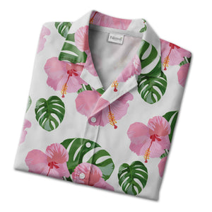 White Elegant Pink Rose Hibiscus Hawaiian Shirt with Fresh Monstera Leaves
