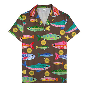 colorful cartoon fish & gold circle logo hawaiian shirt for men