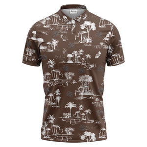 flamingo oasis palm trees sketch pattern black white polo shirt for men