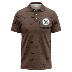 helicopter silhouette repeat pattern custom logo men's aviation polo shirt