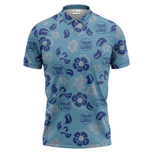 tropical blue floral logo repeating leaves polo shirt for men