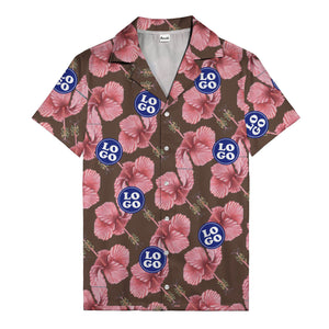 watercolor pink hibiscus & blue logo repeat aloha hawaiian shirt