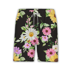 Watercolor Sunflower and Daisy Hawaiian Shirt with Lavender Accents on Black