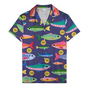 colorful cartoon fish & gold circle logo hawaiian shirt for men