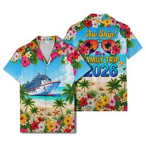 cruise ship hibiscus palm beach scene hawaiian shirt for men
