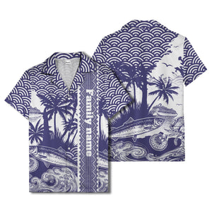cruise ship & palm trees fish waves aloha hawaiian shirt