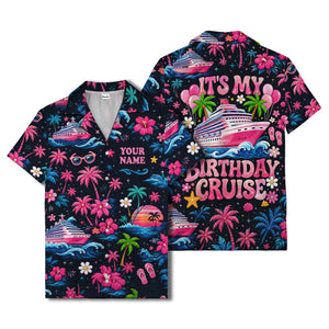 cruise ship sunset palm trees & hibiscus hawaiian shirt