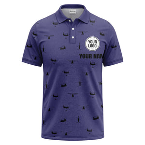helicopter silhouette repeat pattern custom logo men's aviation polo shirt