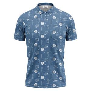 illustrated golf carts & clubs repeating on dark gray hawaiian polo shirt for men