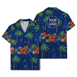 navy blue watercolor palm trees & hibiscus aloha hawaiian shirt