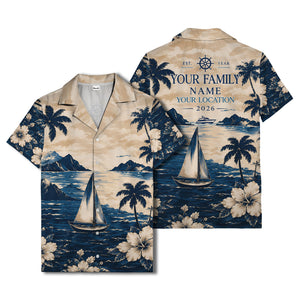 navy sailboat palm hibiscus hawaiian shirt for men