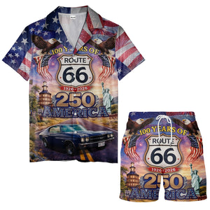 Route 66 USA Patriotic Eagle Firework Classic Car Aloha Button Down Shirt Hawaiian Shirt