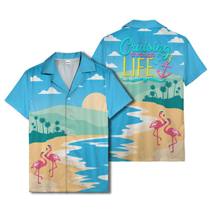 watercolor flamingos at palm sunset hawaiian shirt for beach days