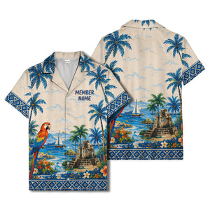 watercolor parrot sailboat castle ruins hawaiian shirt