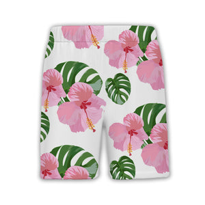 White Elegant Pink Rose Hibiscus Hawaiian Shirt with Fresh Monstera Leaves