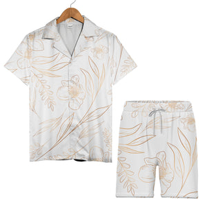 Botanical Line Art Hawaiian Shirt with Golden Bronze Flowers and Leaves