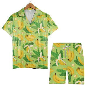 Cartoon Banana and Monstera Hawaiian Shirt on Pale Yellow
