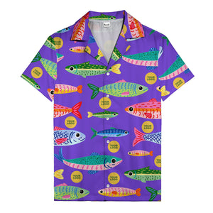 colorful cartoon fish & gold circle logo hawaiian shirt for men