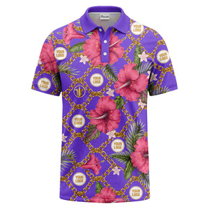 gold chain & pink hibiscus luxury illustrated polo shirt for men