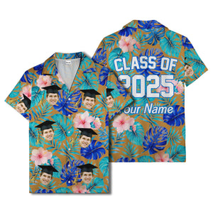 graduation caps tossed over hibiscus blooms on monstera hawaiian shirt