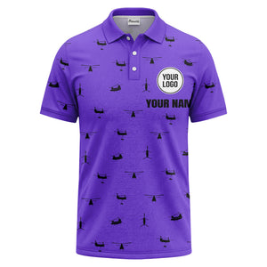 helicopter silhouette repeat pattern custom logo men's aviation polo shirt
