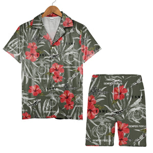 Marine Corps Olive Tropical Hawaiian Shirt - USMC Fighters Hibiscus Aloha Tee